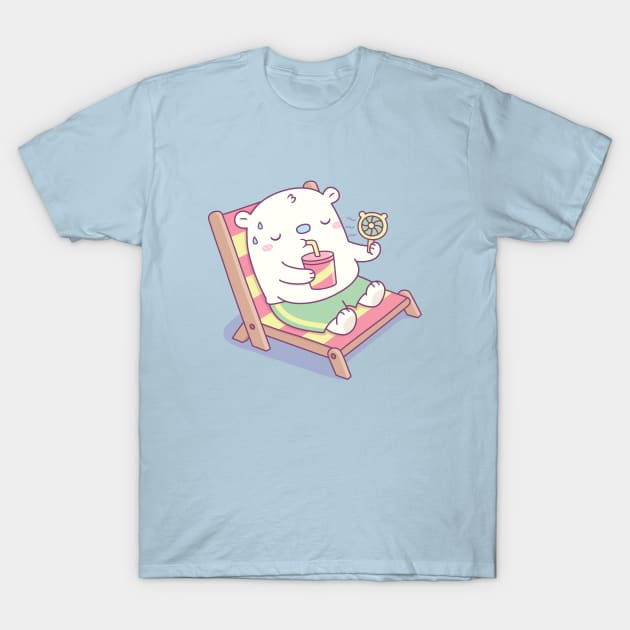 Cute Sweating Baby Polar Bear on Beach Chair T-Shirt by rustydoodle